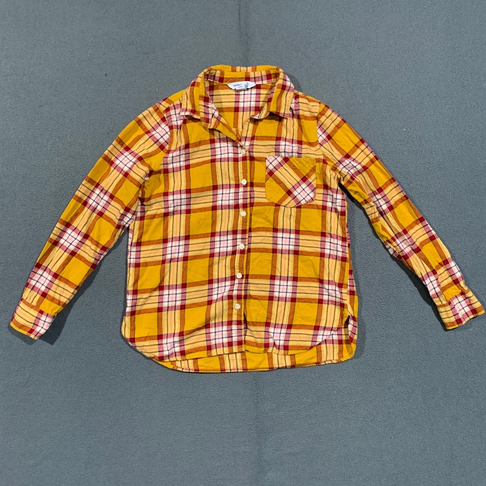 Old Navy The Classic Shirt Women Size M Yellow Plaid Long Sleeve Button Down